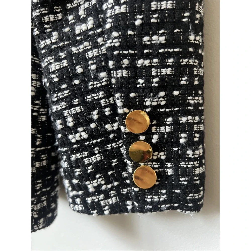 Anthropologie Maeve Boucle Tweed Jacket Blazer Size M Black White Gold Button